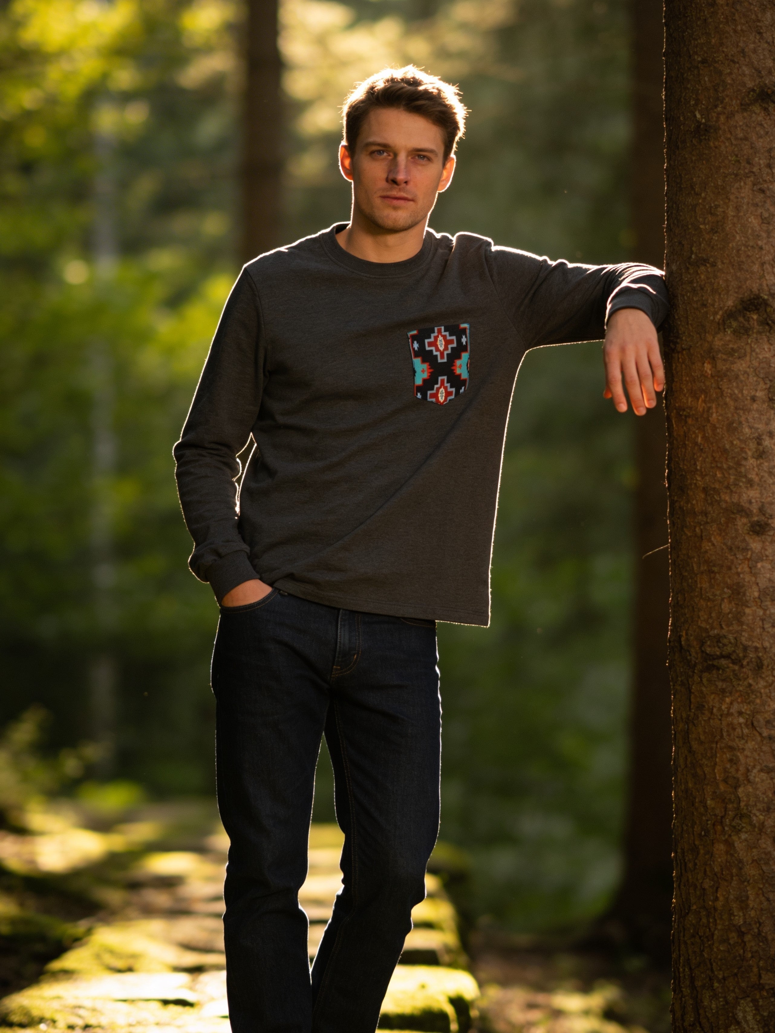 Flying R Ranchwear - Gray Heather with Southwest Print - Long Sleeve - Pocket T-shirt - Made in USA