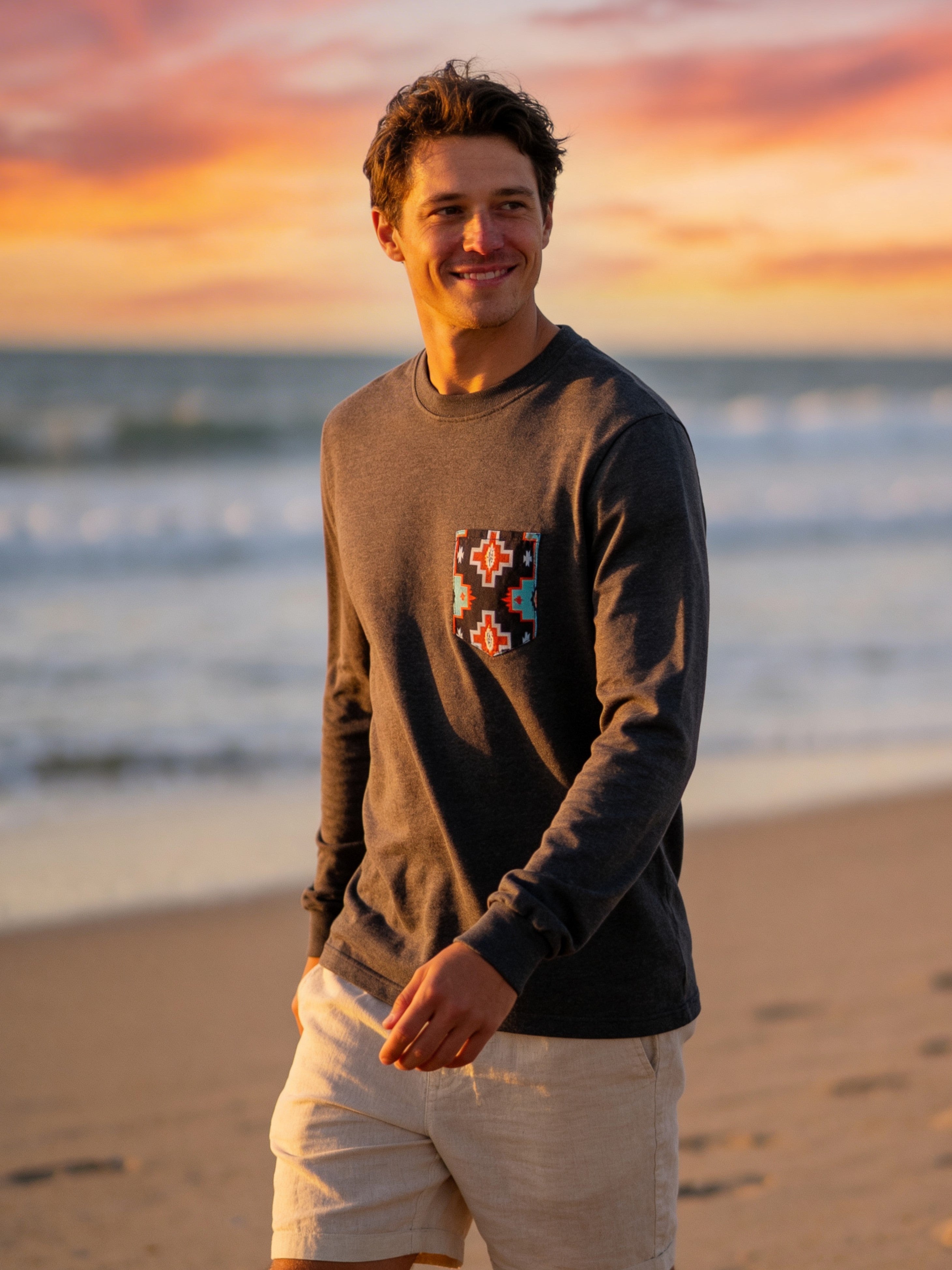 Flying R Ranchwear - Gray Heather with Southwest Print - Long Sleeve - Pocket T-shirt - Made in USA