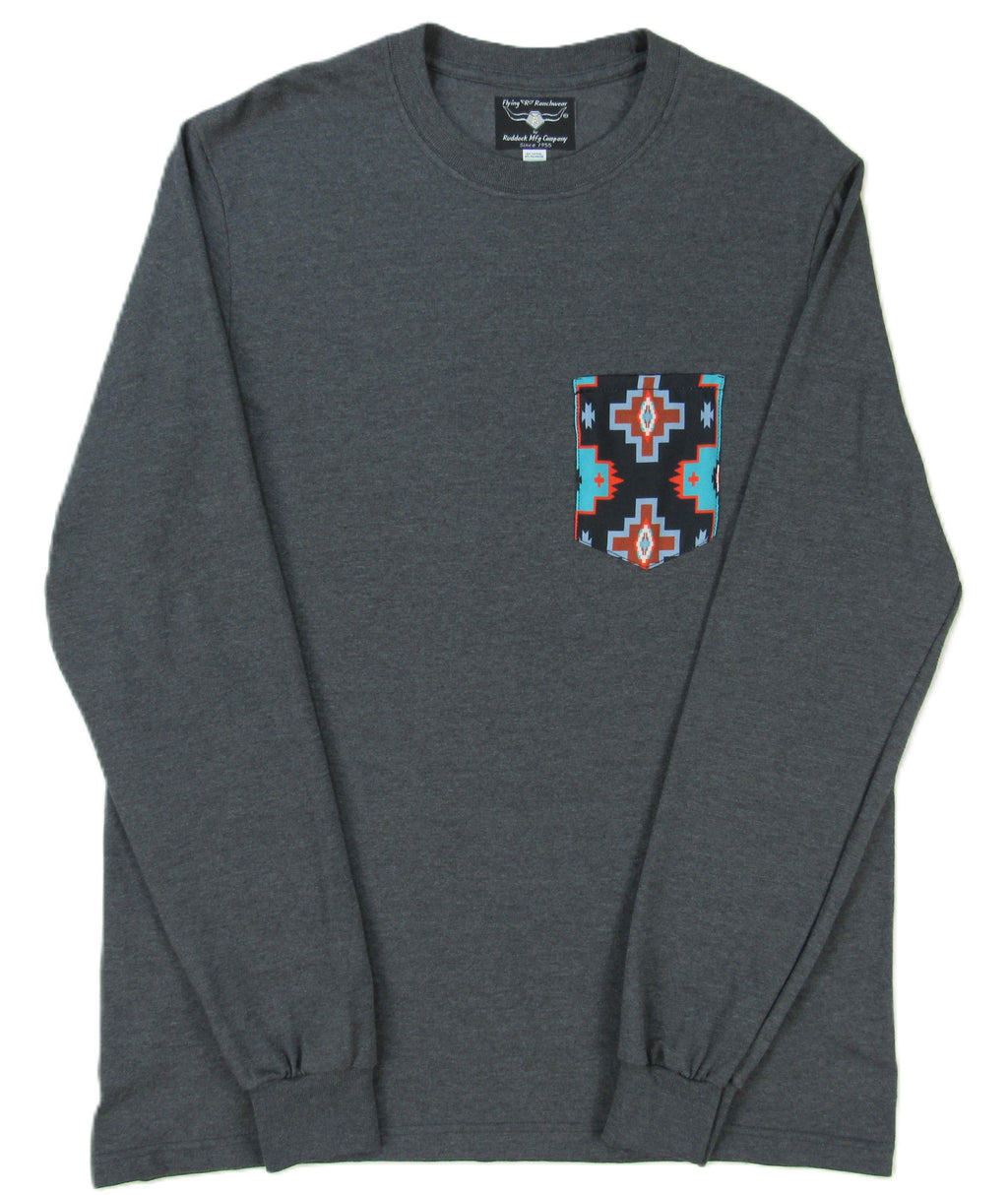 Flying R Ranchwear - Gray Heather with Southwest Print - Long Sleeve - Pocket T-shirt - Made in USA