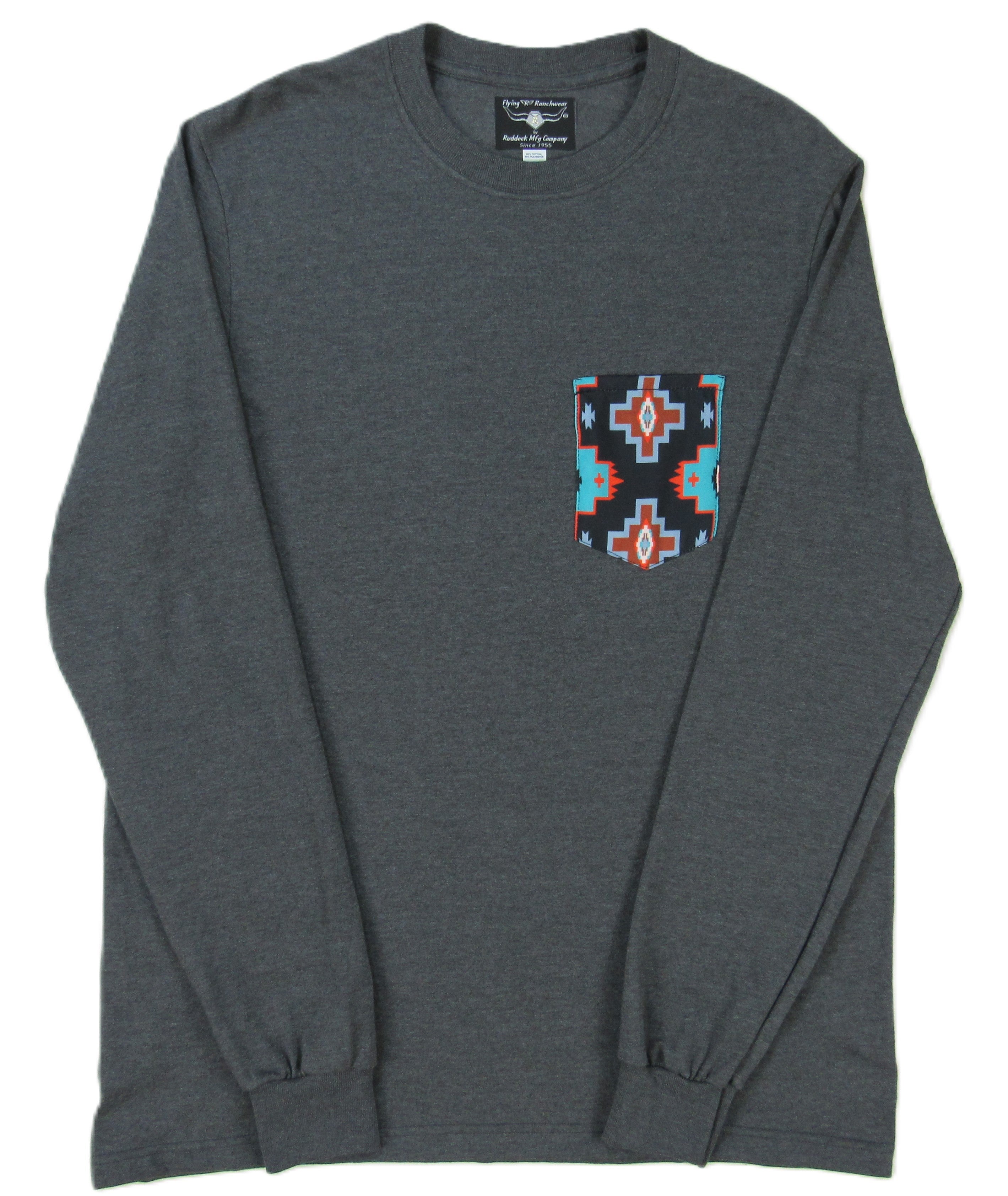 Flying R Ranchwear - Gray Heather with Southwest Print - Long Sleeve - Pocket T-shirt - Made in USA