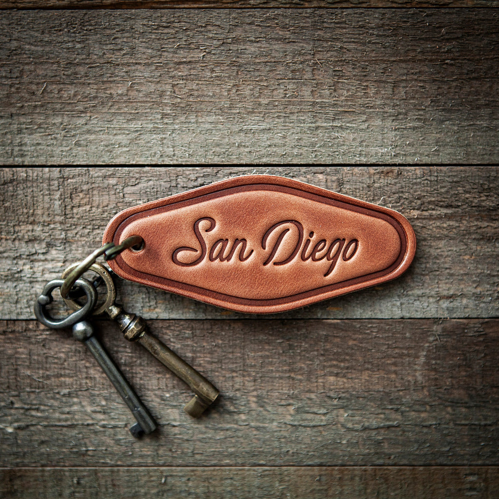 San Diego California Script Leather Keychain Motel Style