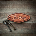 San Diego California Script Leather Keychain Motel Style
