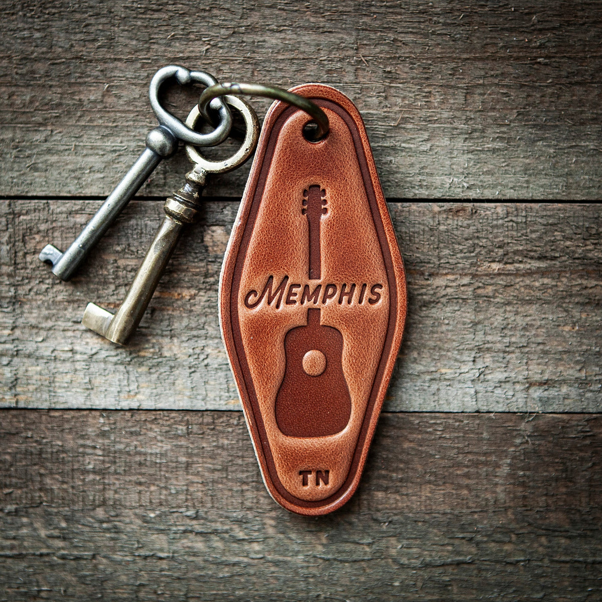Memphis Tennessee Guitar Leather Keychain Motel Style