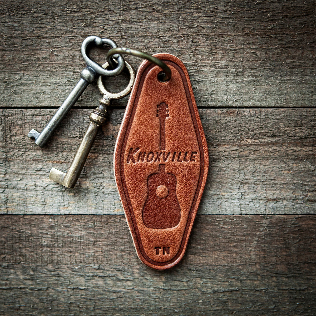 Knoxville Tennessee Guitar Leather Keychain Motel Style