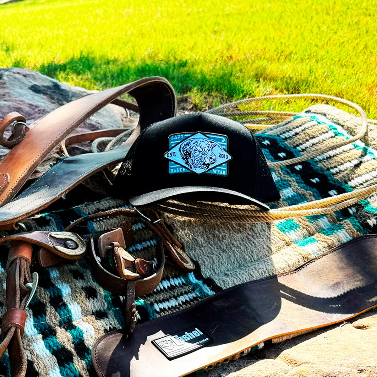Lazy J Black Iron Horn Curved Bill Trucker Hat