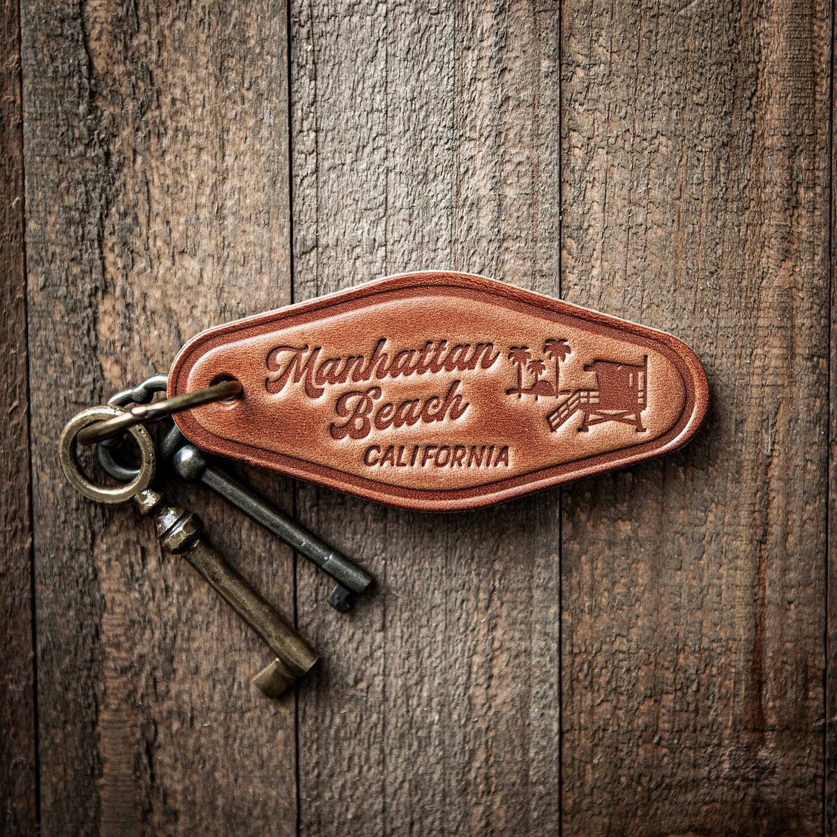 Manhattan Beach California Leather Keychain Motel Style