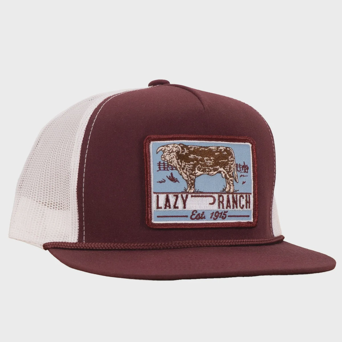Lazy J Ranch Maroon & White Blue Bull Trap  Trucker Hat