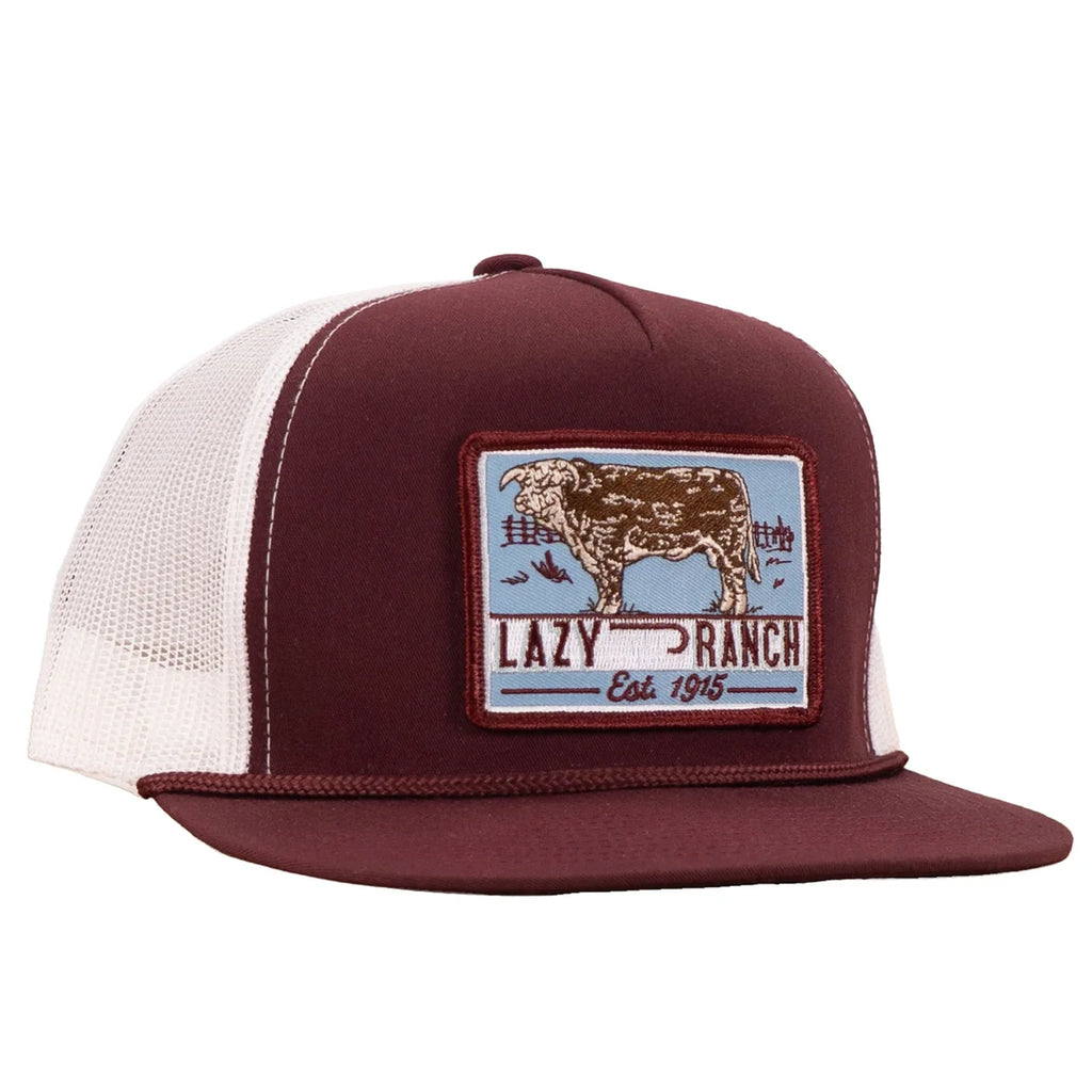 Lazy J Ranch Maroon & White Blue Bull Trap  Trucker Hat