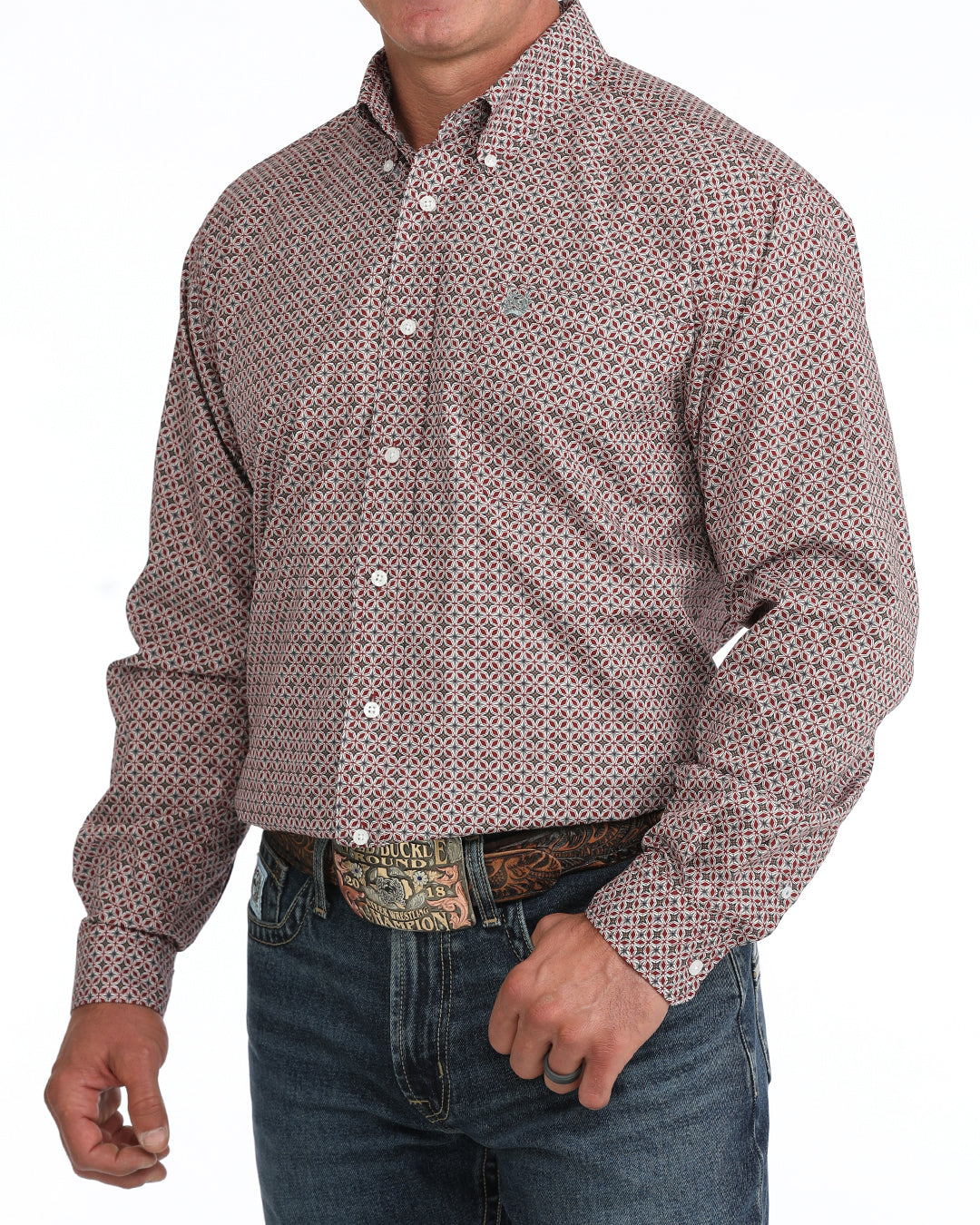 Men's Burgundy Geo Print Classic Fit Long Sleeve