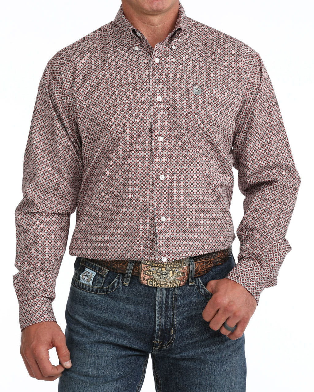 Men's Burgundy Geo Print Classic Fit Long Sleeve