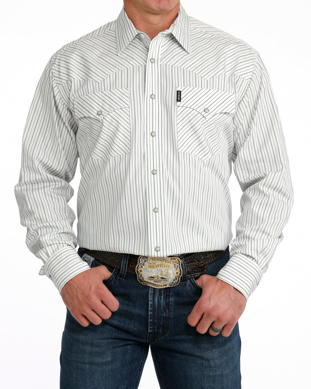 CINCH WHITE BLU STRIPE SNAP