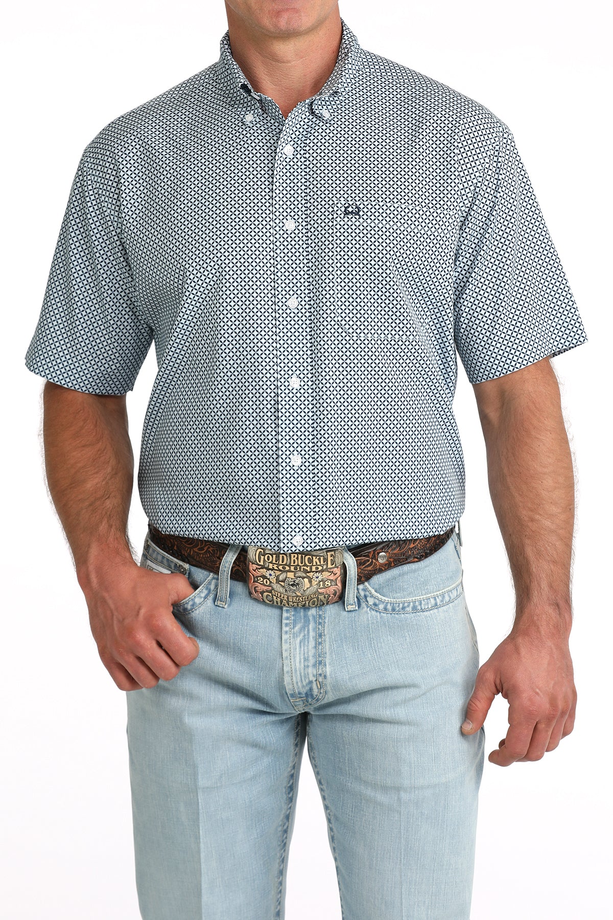 CINCH MENS S/S PRINT ARENA FLEX BLUE CHECK