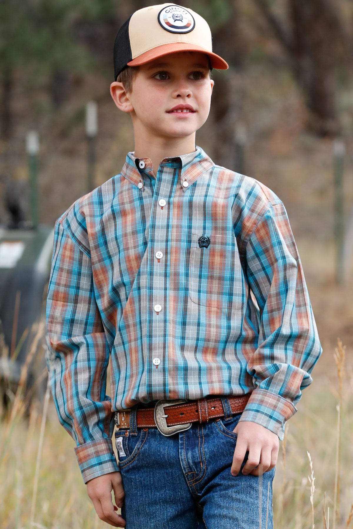 BOYS CINCH ORANGE BLUE PLAID