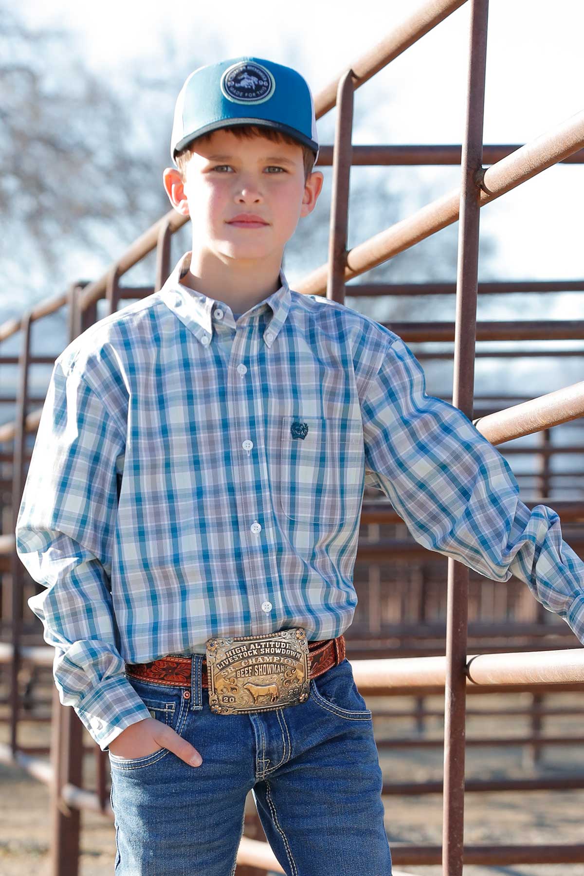 BOYS CINCH TUQUOISE GREY PLAID