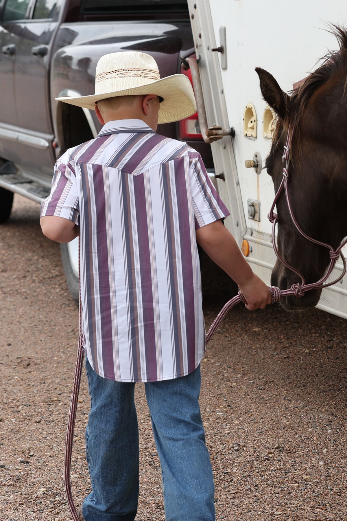 BOYS CINCH BROWN RED BLACK STRIPE BUTTON UP