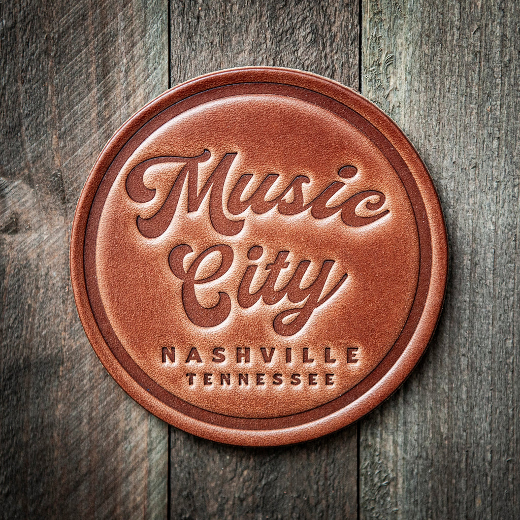 Music City Nashville Tennessee Script Leather Coaster