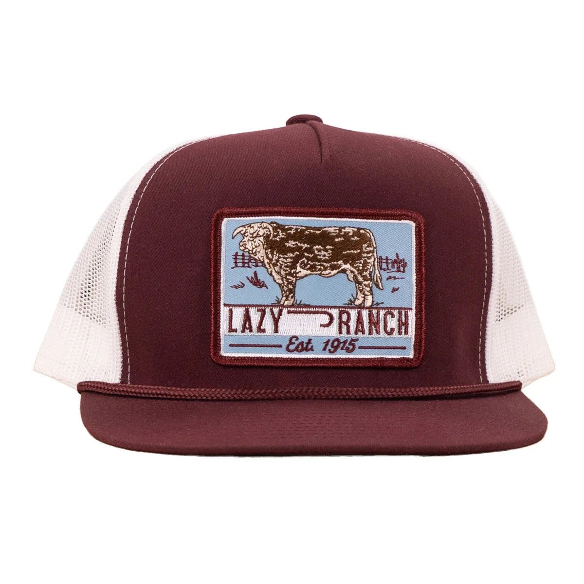Lazy J Ranch Maroon & White Blue Bull Trap  Trucker Hat