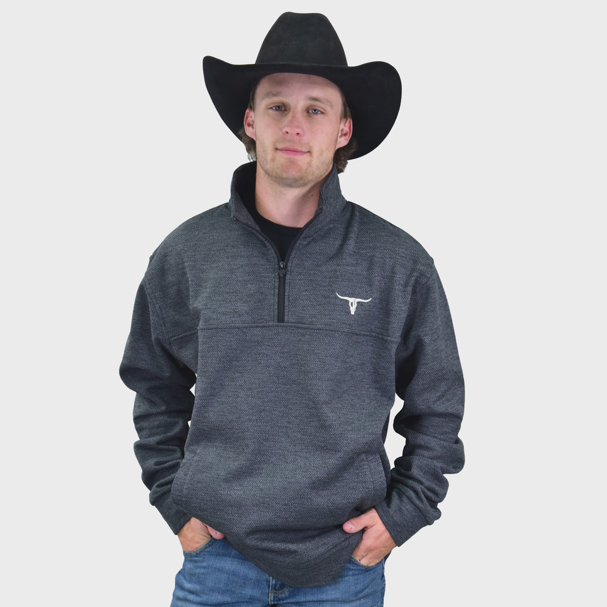 Men's Heather Black "Longhorn" 1/4 Zip Fleece