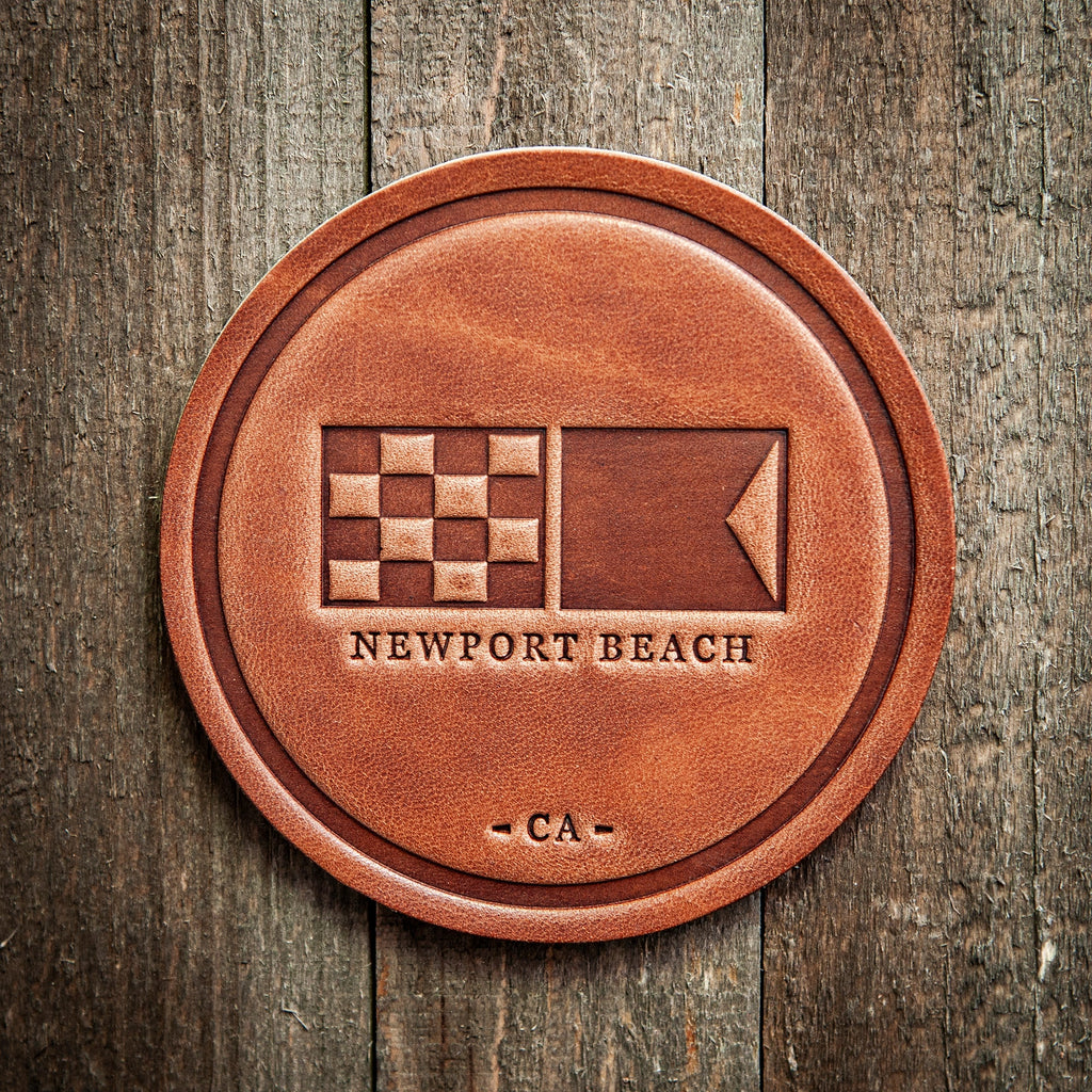 Newport Beach California Nautical Flag Leather Coaster
