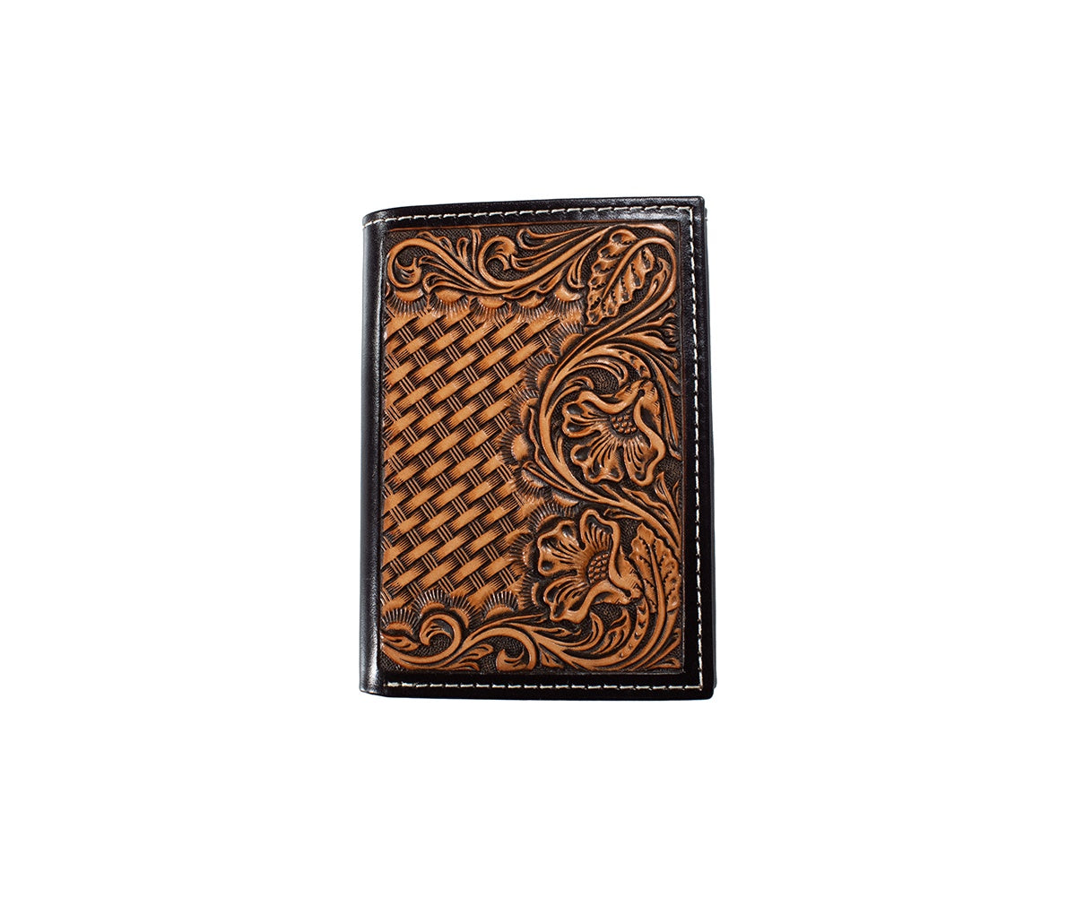 Trifold Wallet Basket Weave Floral Embossed Brown