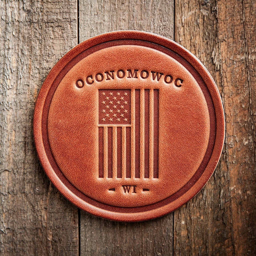 Oconomowoc Wisconsin American Flag Leather Coaster