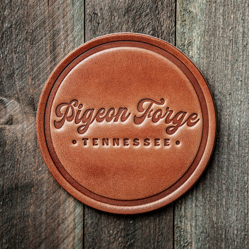 Pigeon Forge Tennessee Script Leather Coaster