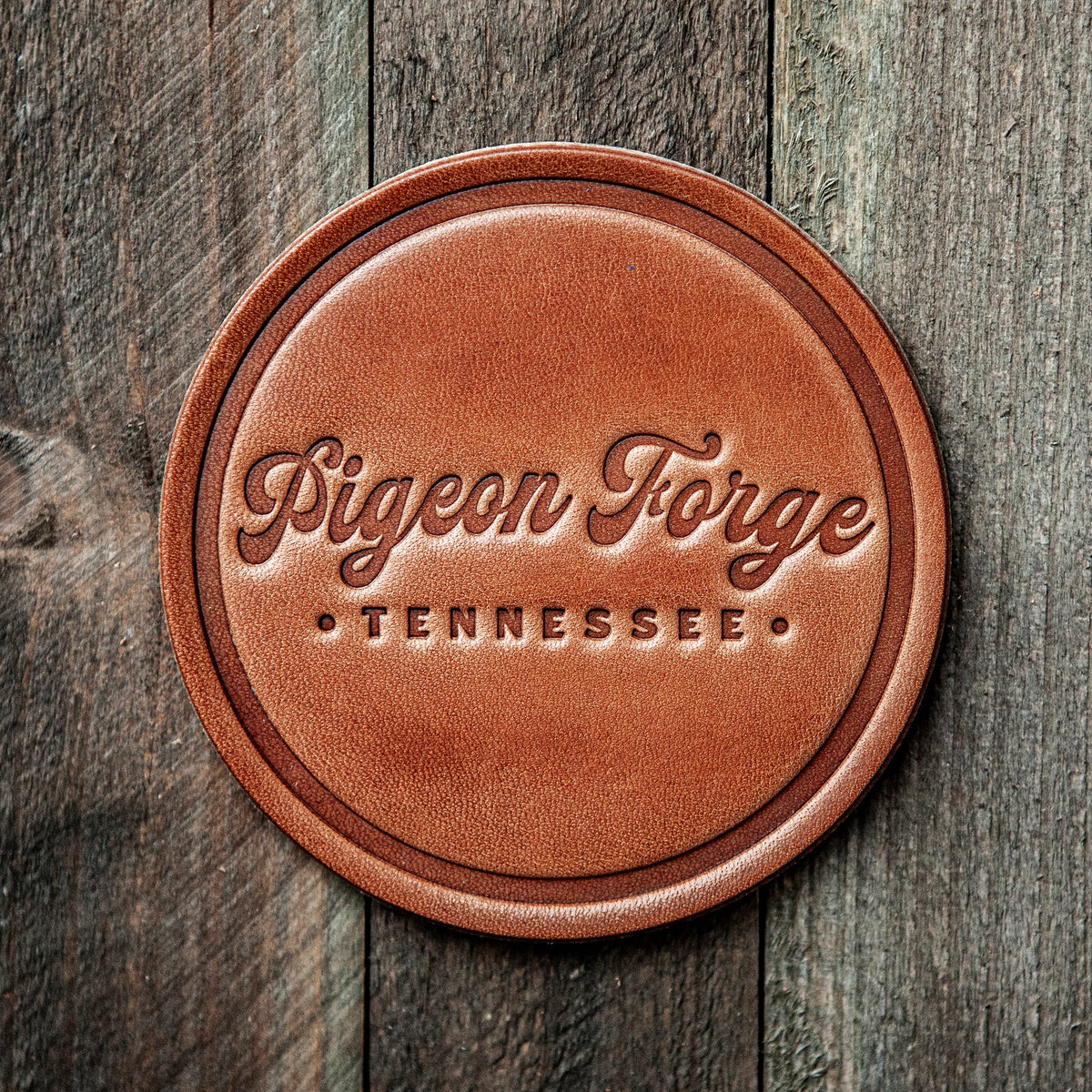 Pigeon Forge Tennessee Script Leather Coaster