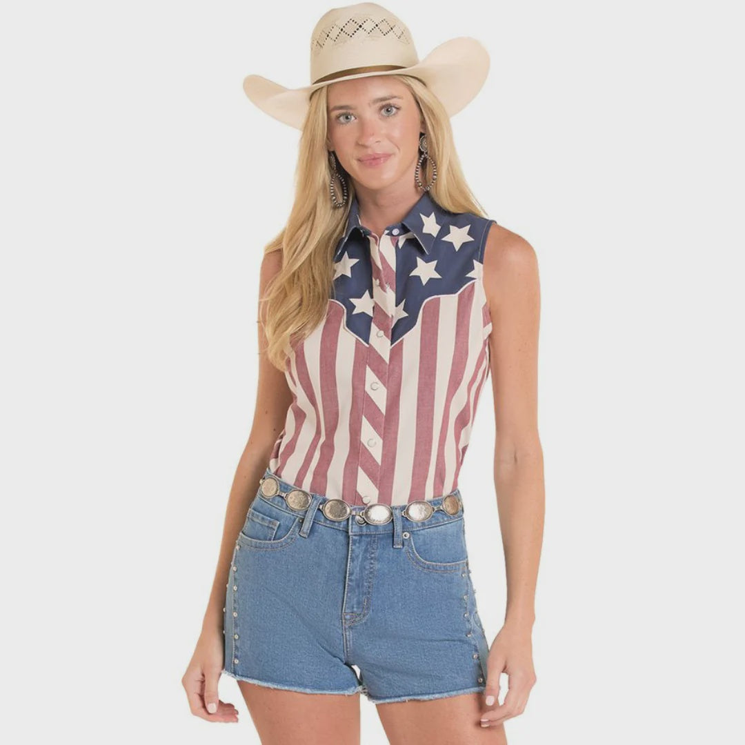 Rock & Roll Denim Ladies Americano Print Sleeveless Snap Shirt