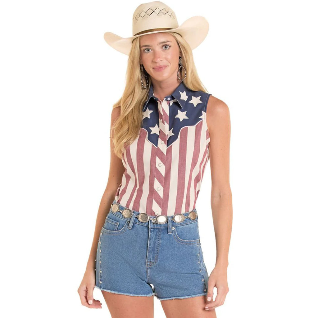 Rock & Roll Denim Ladies Americano Print Sleeveless Snap Shirt