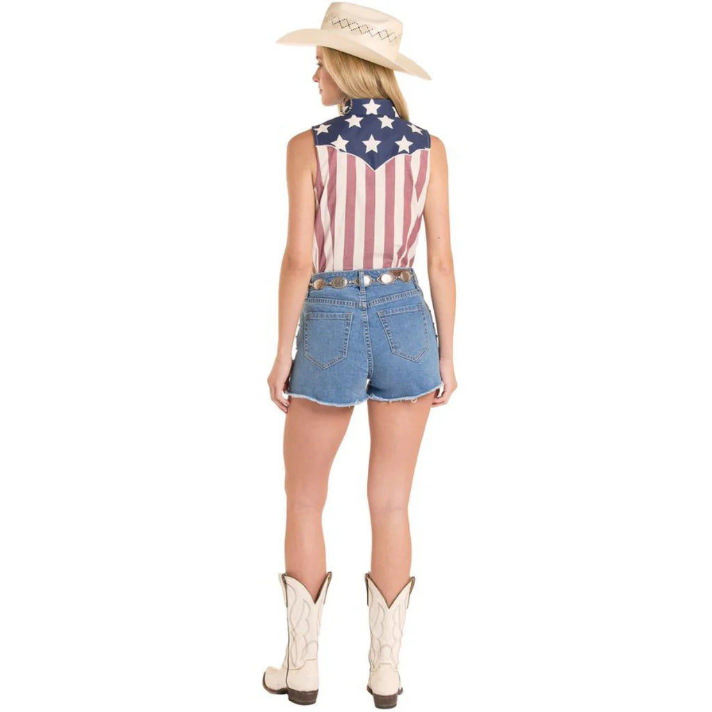 Rock & Roll Denim Ladies Americano Print Sleeveless Snap Shirt