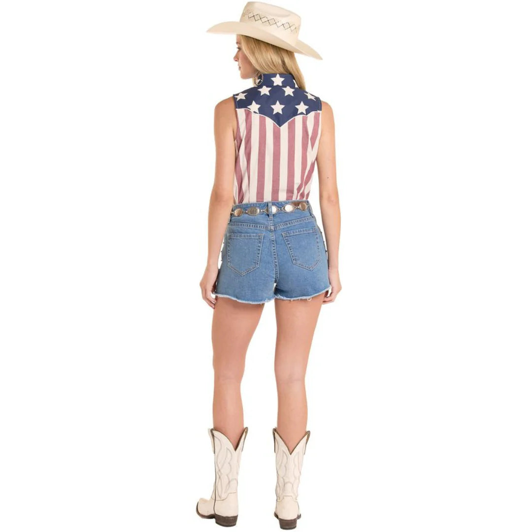 Rock & Roll Denim Ladies Americano Print Sleeveless Snap Shirt