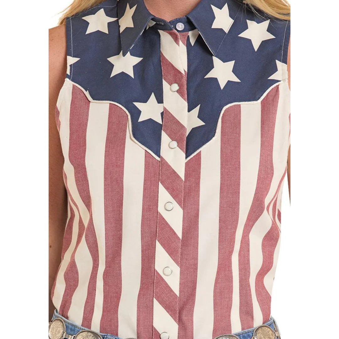 Rock & Roll Denim Ladies Americano Print Sleeveless Snap Shirt