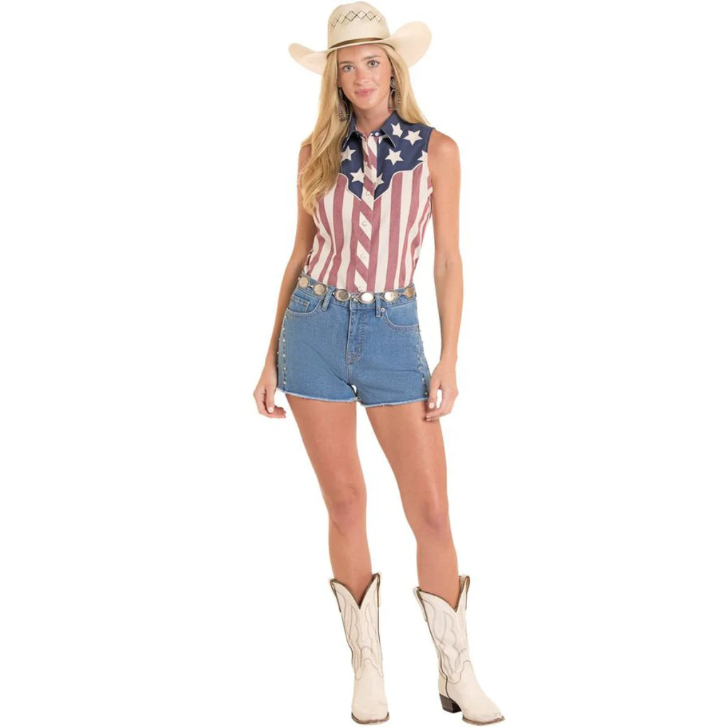 Rock & Roll Denim Ladies Americano Print Sleeveless Snap Shirt