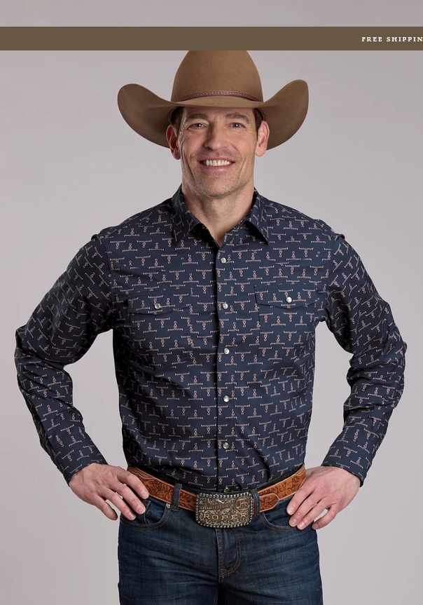 Roper Longhorn Print Long Sleeve Snap