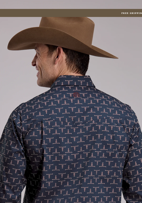 Roper Longhorn Print Long Sleeve Snap