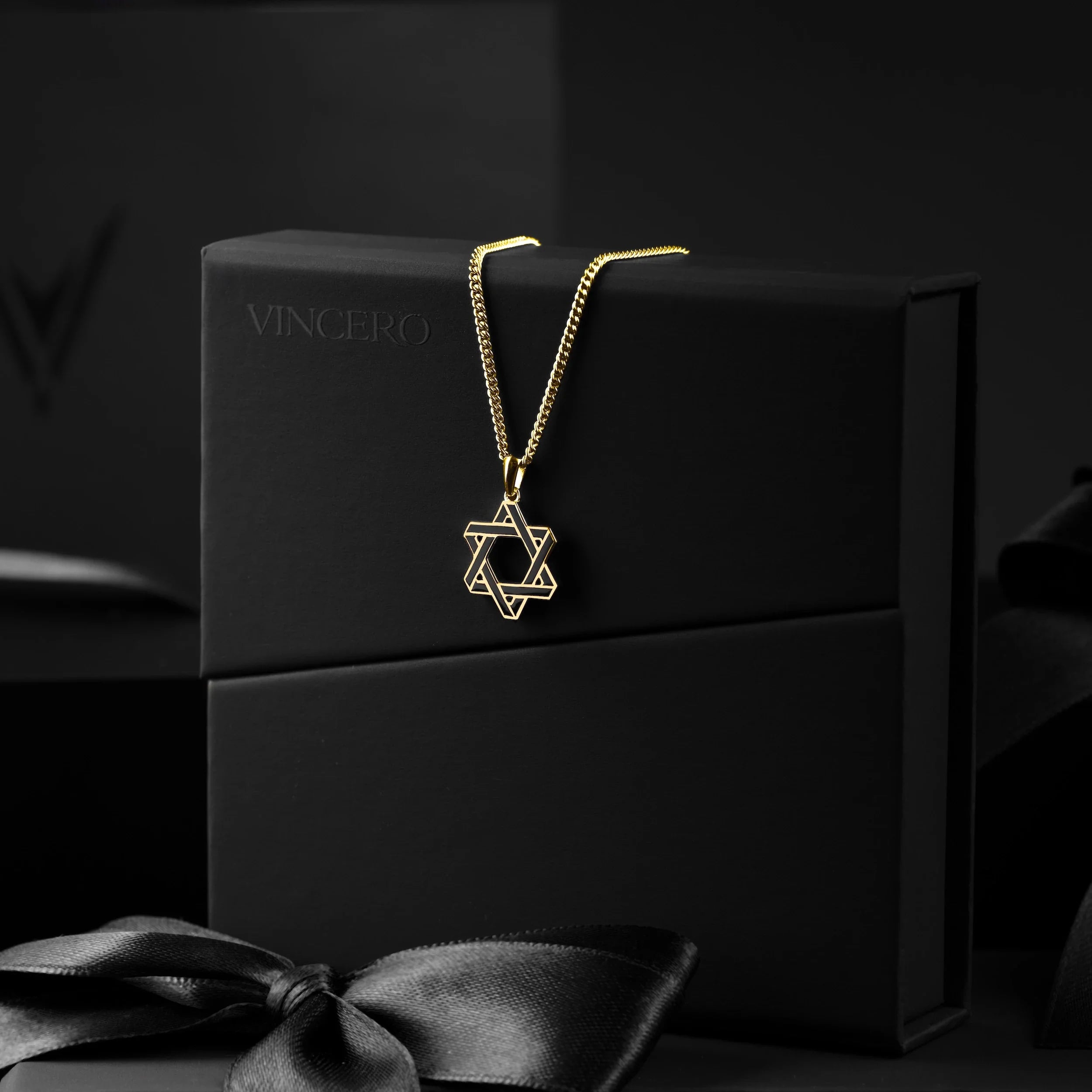 Star Of David Pendant - 14K Gold Onyx