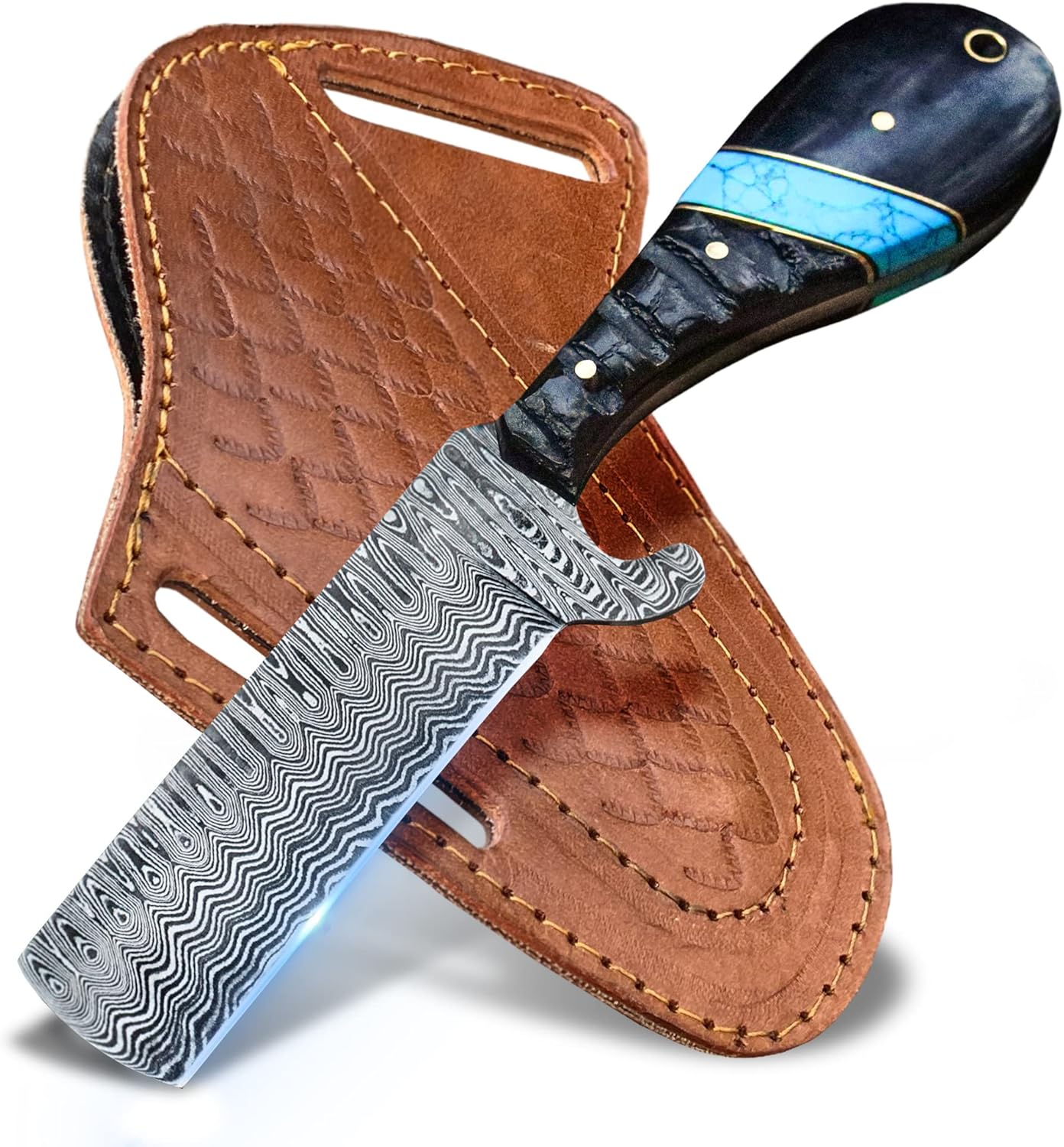 Custom Handmade Bull Knife – Damascus Steel with Turquoise Handle