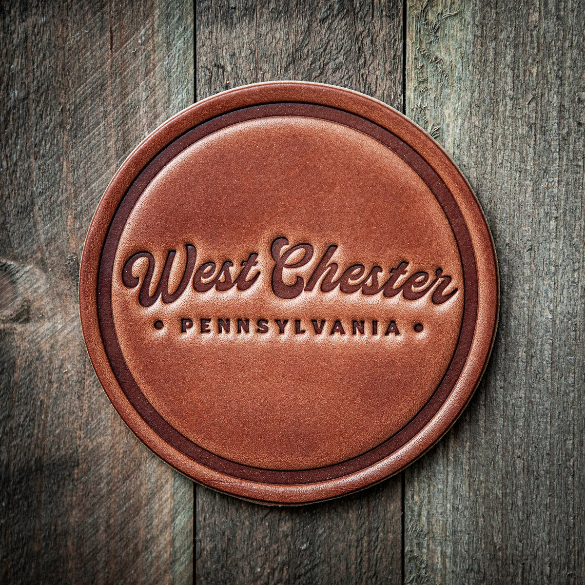 West Chester Pennsylvania Script Leather Coaster