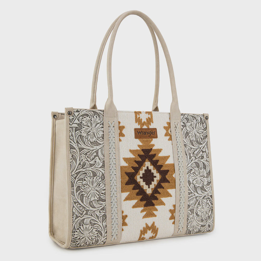 Tooled Aztec Pattern Print Concealed Carry Large Tote - Beige