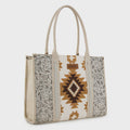 Tooled Aztec Pattern Print Concealed Carry Large Tote - Beige