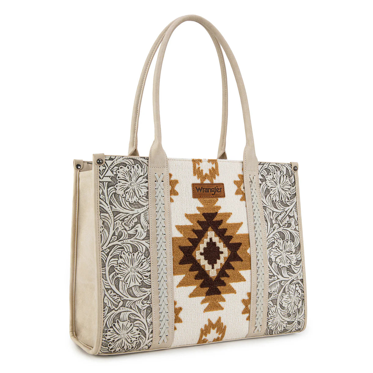 Tooled Aztec Pattern Print Concealed Carry Large Tote - Beige