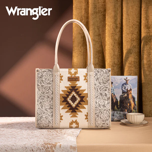 Tooled Aztec Pattern Print Concealed Carry Large Tote - Beige