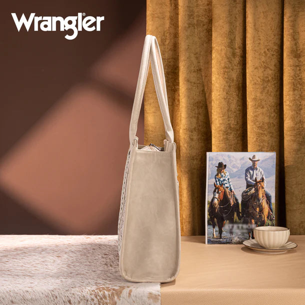 Tooled Aztec Pattern Print Concealed Carry Large Tote - Beige