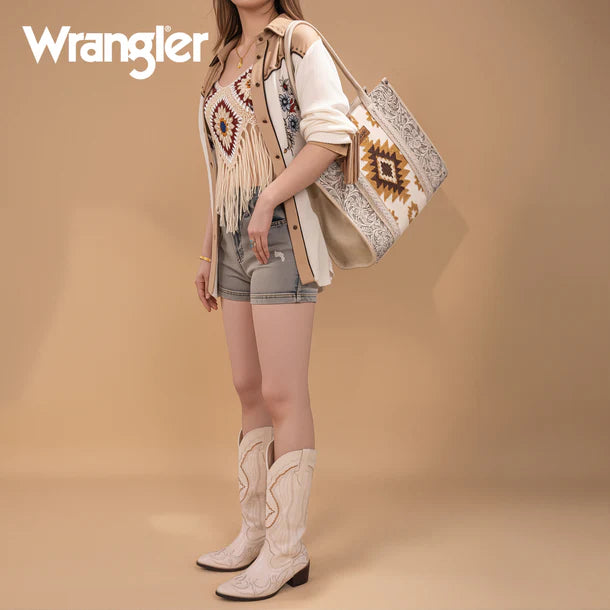Tooled Aztec Pattern Print Concealed Carry Large Tote - Beige