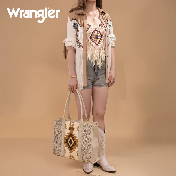 Tooled Aztec Pattern Print Concealed Carry Large Tote - Beige