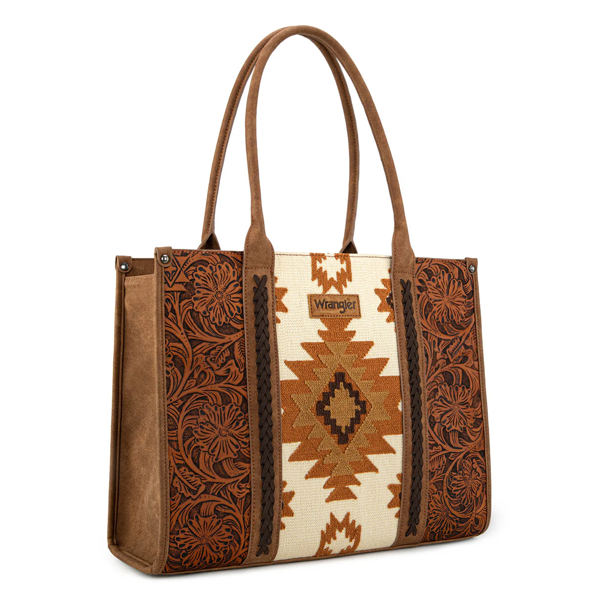 WG226G-8119 Wrangler Vintage Tooled Aztec Pattern Print Concealed Carry Large Tote - Brown
