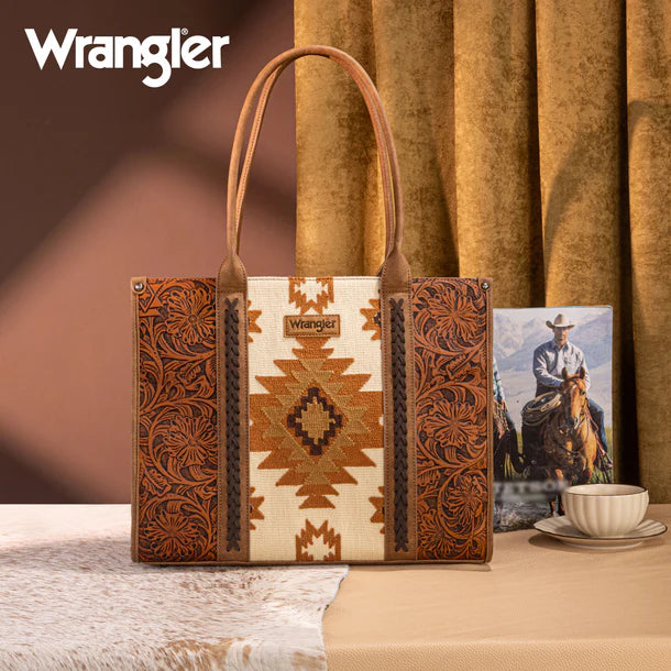 WG226G-8119 Wrangler Vintage Tooled Aztec Pattern Print Concealed Carry Large Tote - Brown