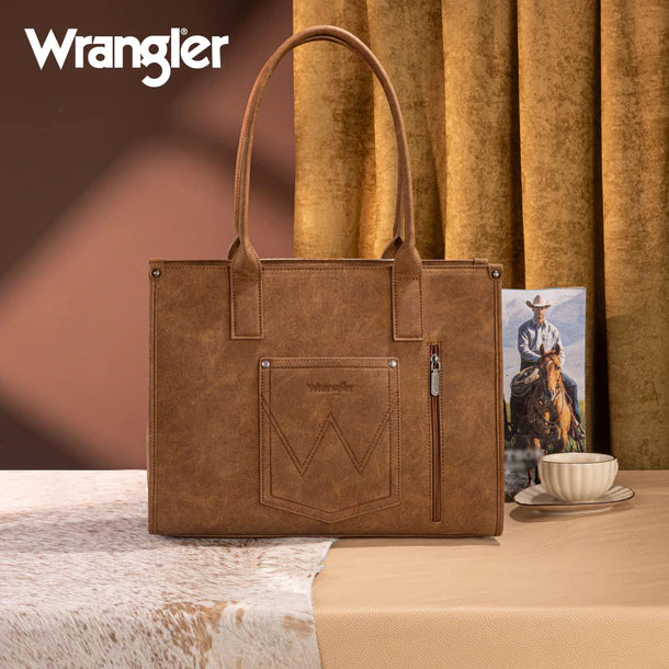 WG226G-8119 Wrangler Vintage Tooled Aztec Pattern Print Concealed Carry Large Tote - Brown