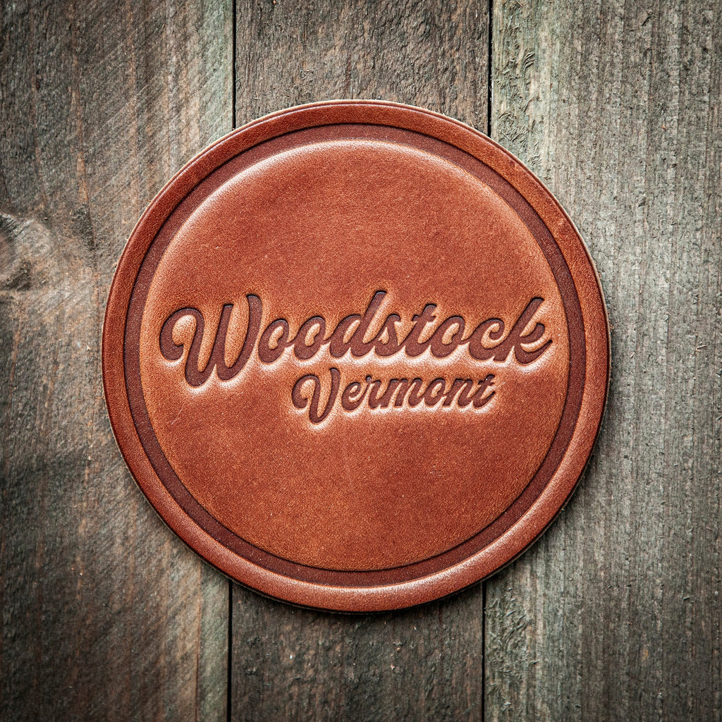 Woodstock Vermont Script Leather Coaster