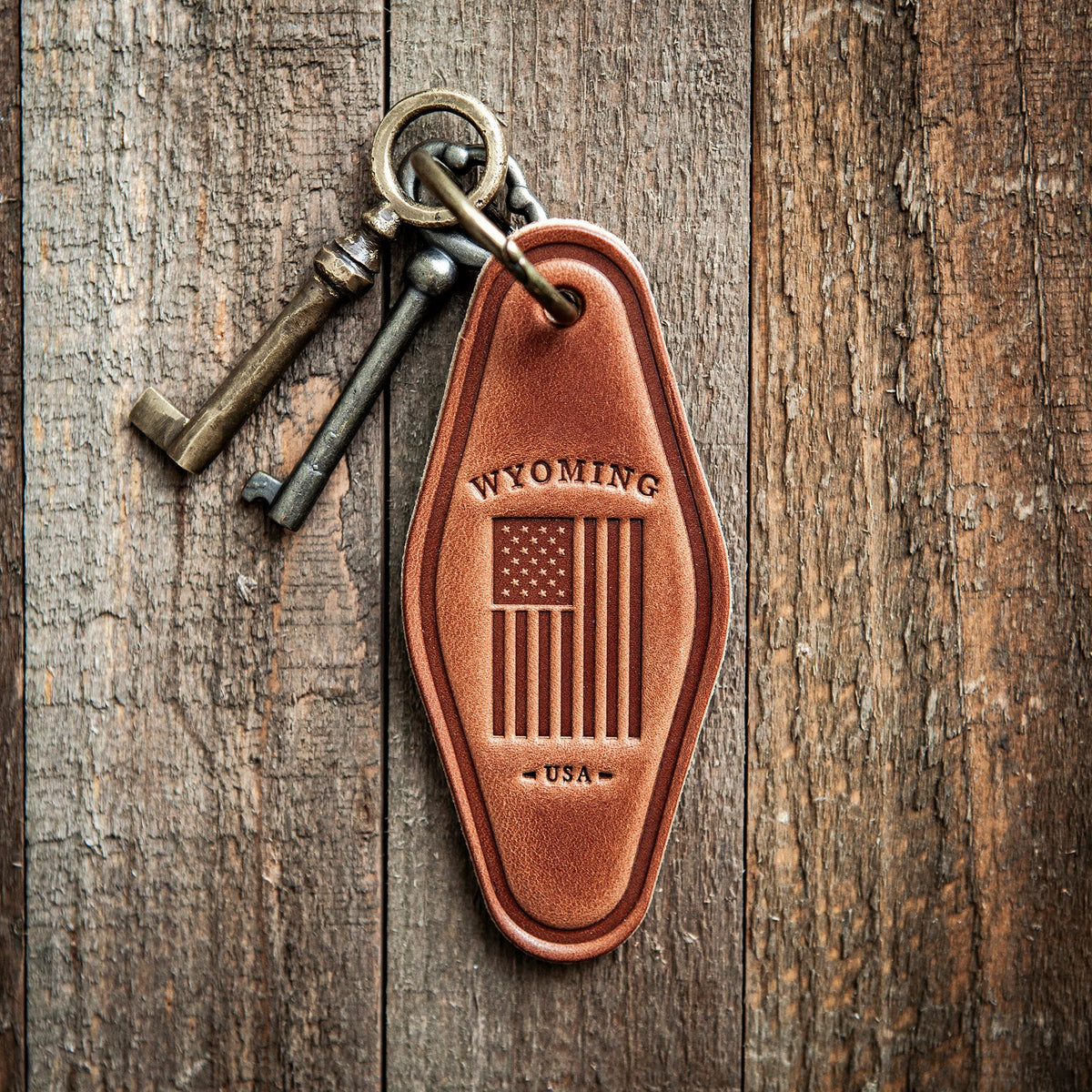 Wyoming American Flag Leather Keychain Motel Style